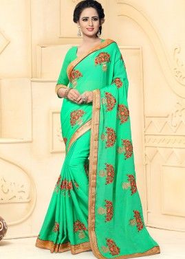 Sea Green Embroidered Chiffon Saree with Blouse