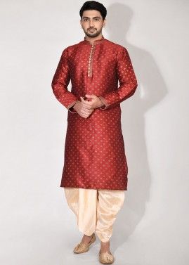 Readymade Red Printed Dhoti Kurta In Dupion Silk