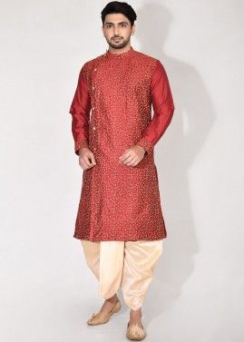 Red Embroidered Readymade Kurta And Dhoti Set