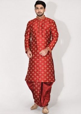 Readymade Embroidered Red Dhoti Kurta In Dupion Silk