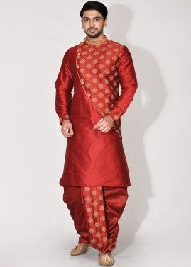 Readymade Red Embroidered Mens Kurta With Dhoti