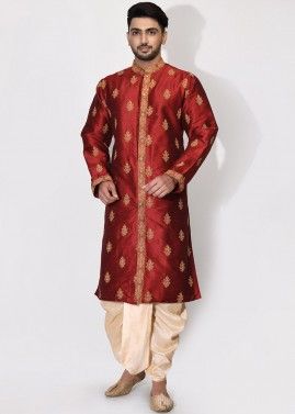 Red Embroidered Mens Readymade Kurta With Dhoti