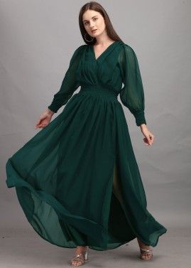 Green Gathered Style Georgette Dress