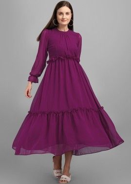 Purple Readymade Tiered Georgette Dress