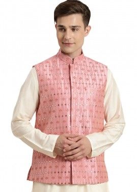Pink Readymade Embroidered Nehru Jacket