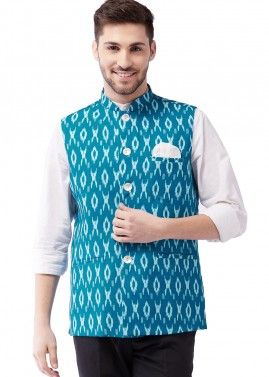Turquoise Readymade Ikkat Print Nehru Jacket