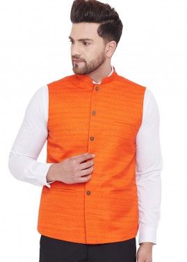 Readymade Orange Art Silk Nehru Jacket