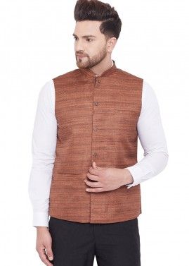 Brown Readymade Nehru Jacket In Art Silk