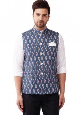 Grey Readymade Ikkat Printed Nehru Jacket
