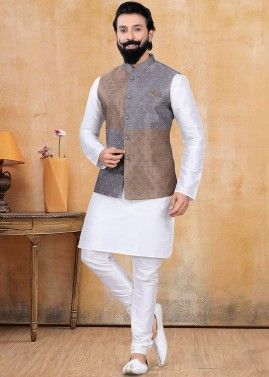 Mens White Kurta Pajama With Woven Nehru Jacket