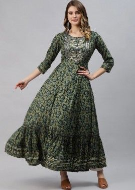 Green Embroidered Flared Style Tiered Kurta