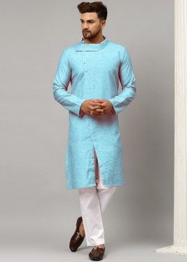 Blue Readymade Kurta Pajama In Satin