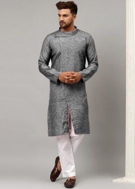 Grey Readymade Kurta Pajama In Satin