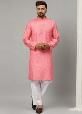 Pink Readymade Satin Kurta Pajama