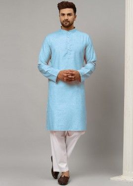 Blue Readymade Plain Kurta Pajama In Satin