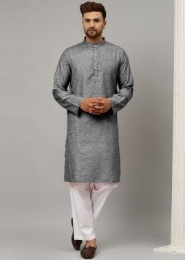 Grey Readymade Plain Kurta Pajama In Satin
