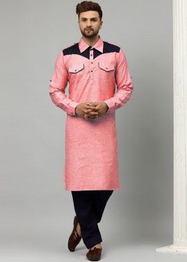 Readymade Peach Pathani Suit In Satin