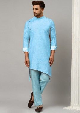 Blue Asymmetric Readymade Plain Kurta Pajama