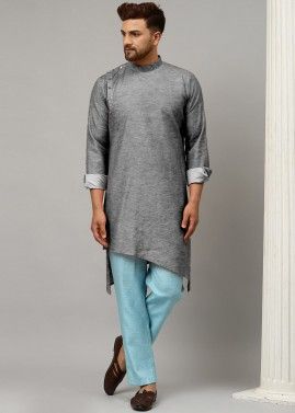 Grey Plain Readymade Asymmetric Kurta Pajama
