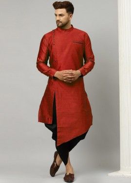 Red Readymade Woven Dhoti Kurta In Dupion Silk