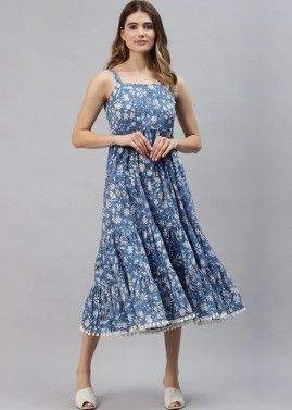 Blue Floral Printed Casual Readymade Dress
