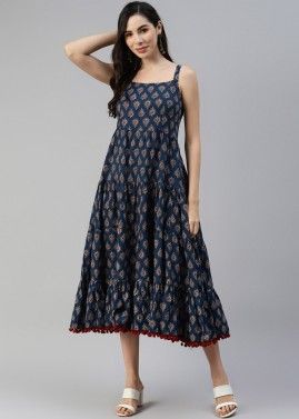 Blue Printed Readymade Dress In Cotton