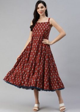 Maroon Printed Readymade Dress In Cotton