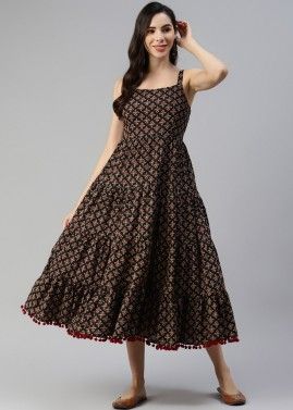 Black Printed Readymade Dress In Cotton