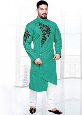 Green Applique Embroidered Asymmetric Kurta Pajama Set