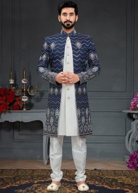 White Indo Western Sherwani With Embroidered Jacket