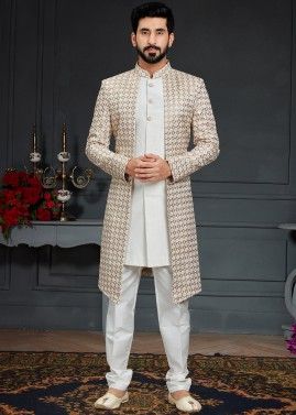 Readymade Off White Jacket Style Indo Western Sherwani Set