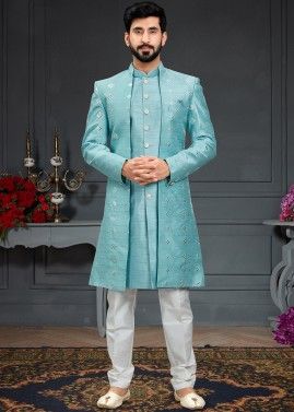 Blue Indo Western Sherwani With Embroidered Jacket