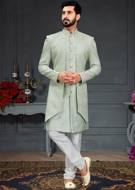 Readymade Jacket Style Indo Western Sherwani In Green