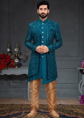 Blue Asymmetric Indo Western Sherwani With Jacket