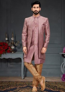 Pink Asymmetric Readymade Indo Western Sherwani Set