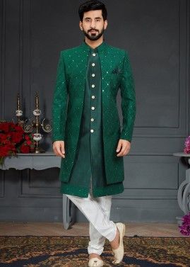 Green Embroidered Jacket Style Indo Western Sherwani Set