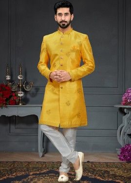 Yellow Embroidered Indo Western Sherwani Set