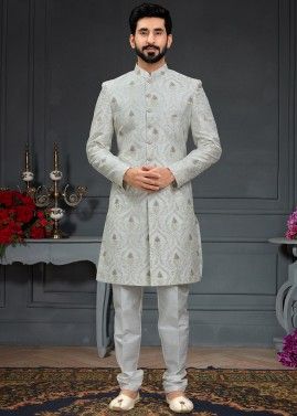 White Embroidered Indo Western Sherwani For Men