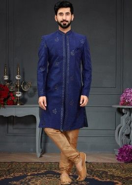 Blue Indo Western Sherwani In Thread Embroidery