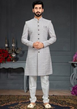 Readymade Grey Woven Mens Indo Western Sherwani Set