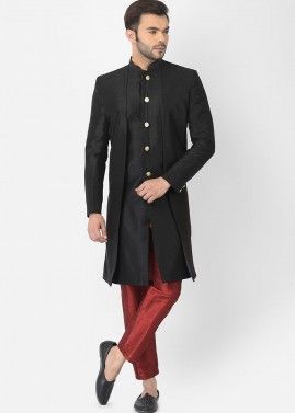 Black Mens Dupion Silk Indowestern Jacket Style Sherwani