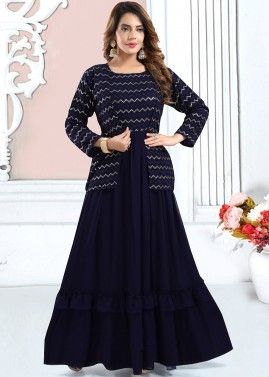 Navy Blue Embroidered Tiered Kurta With JAcket
