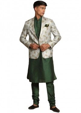 Readymade Green Kurta Pyjama With Printed Jacket