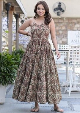 Brown Floral Printed Tiered Readymade Dress