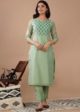 Green Hand Block Printed Straight Cut Suit