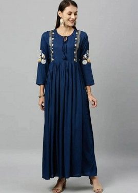 Navy Blue Embroidered Kurta With Churidar In Rayon