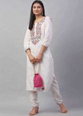 Readymade White Embroidered Kurta With Pant