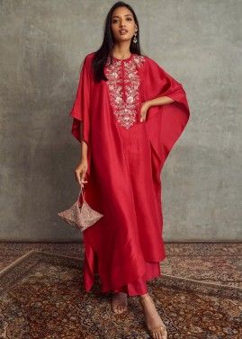 Red Embroidered Kaftan With Pant