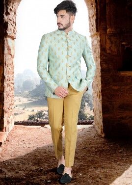 Readymade Green Zari Woven Bandhgala Jodhpuri Suit