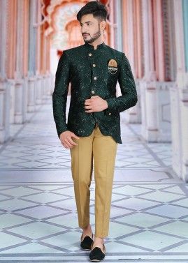 Readymade Green Embroidered Bandhgala Jodhpuri Suit
